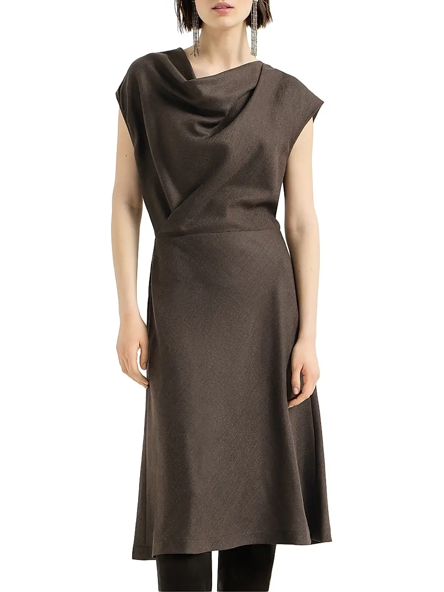 Brunello Cucinelli Women's Virgin Wool Diagonal Flannel Wrap Effect Dress with Monili - Pine Cone Brown | Thumbnail 2 Brunello Cucinelli Women's Virgin Wool Diagonal Flannel Wrap Effect Dress with Monili - Pine Cone Brown | Thumbnail 2