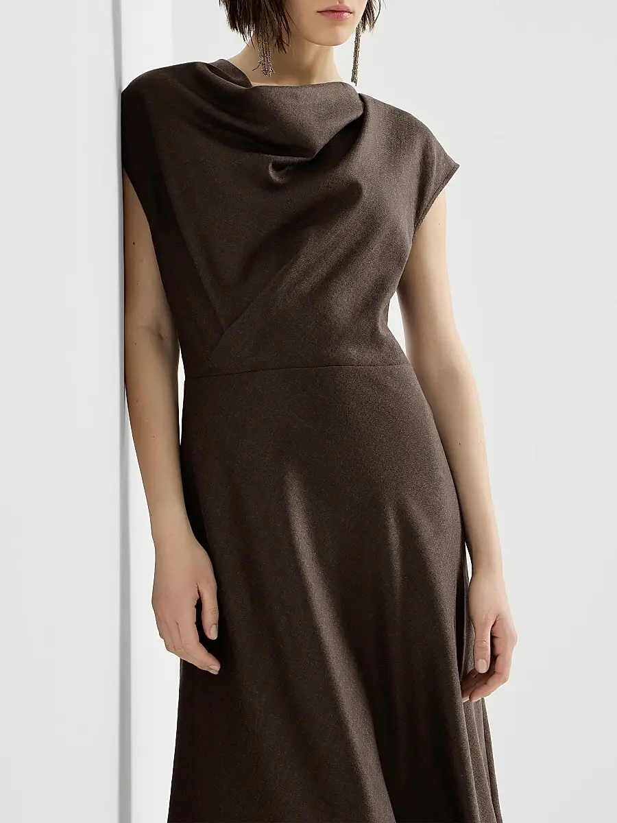 Brunello Cucinelli Women's Virgin Wool Diagonal Flannel Wrap Effect Dress with Monili - Pine Cone Brown | Thumbnail 5 Brunello Cucinelli Women's Virgin Wool Diagonal Flannel Wrap Effect Dress with Monili - Pine Cone Brown | Thumbnail 5