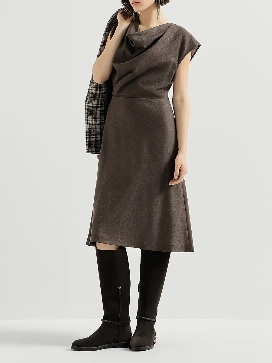 Brunello Cucinelli Women's Virgin Wool Diagonal Flannel Wrap Effect Dress with Monili - Pine Cone Brown | Thumbnail 6 Brunello Cucinelli Women's Virgin Wool Diagonal Flannel Wrap Effect Dress with Monili - Pine Cone Brown | Thumbnail 6