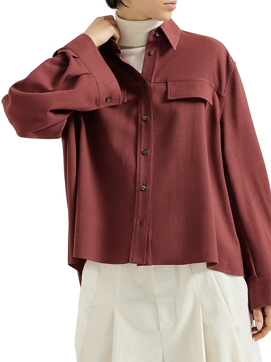 Brunello Cucinelli Women's Virgin Wool Fluid Twill Cropped Shirt | Thumbnail 2 Brunello Cucinelli Women's Virgin Wool Fluid Twill Cropped Shirt | Thumbnail 2