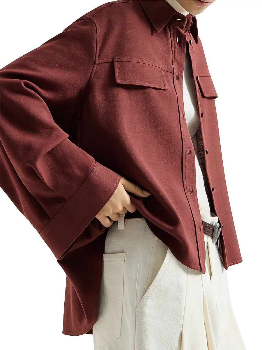 Brunello Cucinelli Women's Virgin Wool Fluid Twill Cropped Shirt | Thumbnail 3 Brunello Cucinelli Women's Virgin Wool Fluid Twill Cropped Shirt | Thumbnail 3