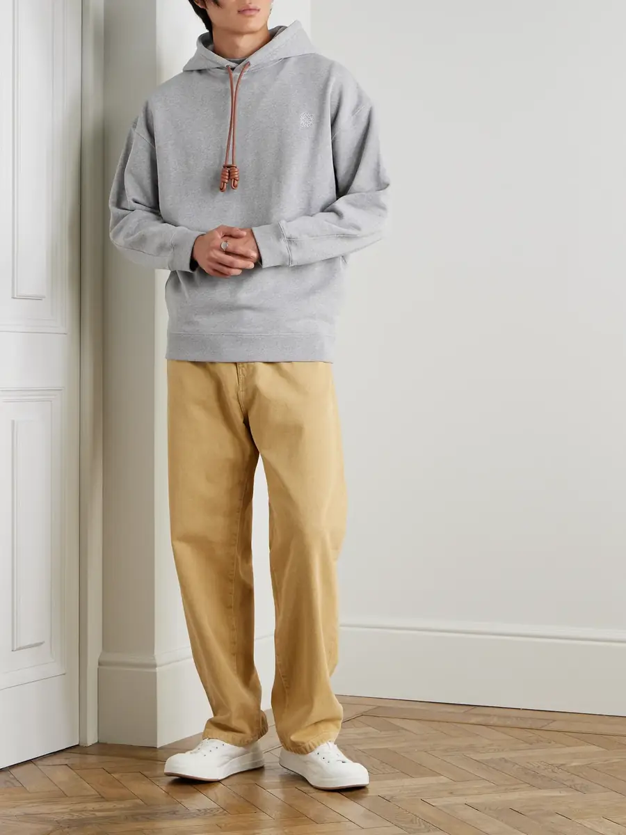 Loewe Logo-Embroidered Leather-Trimmed Cotton-Jersey Hoodie - Men | Thumbnail 2
