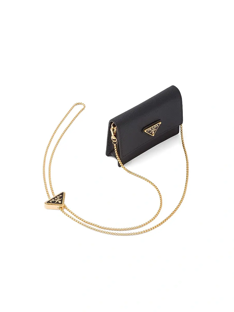 Women's Saffiano Leather Card Holder with Shoulder Strap - Black Gold