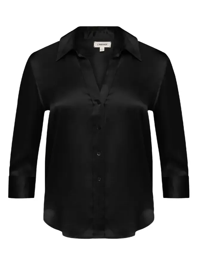 Dani Silk Satin 3/4-Sleeve Button-Down Blouse