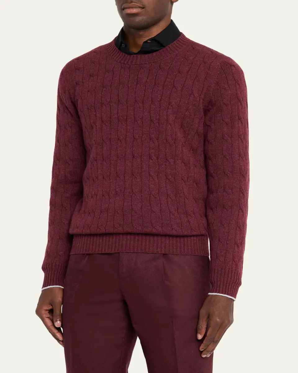 Brunello Cucinelli Men's Cashmere Cable Knit Crewneck Sweater | Thumbnail 3 Brunello Cucinelli Men's Cashmere Cable Knit Crewneck Sweater | Thumbnail 3