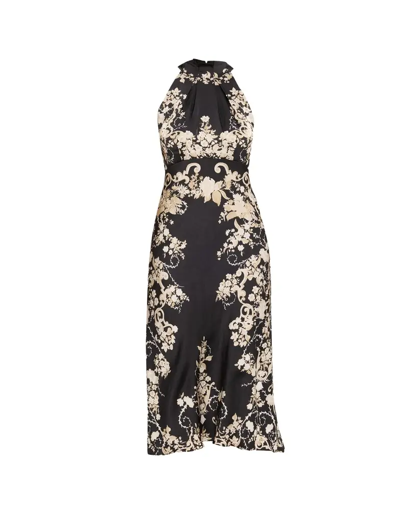 Saloni Michelle Floral Satin Draped Halter Midi Dress | Image 1 Saloni Michelle Floral Satin Draped Halter Midi Dress | Image 1
