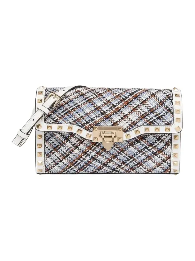 Small Woven Leather-Trim Rockstud Crossbody Bag Small Woven Leather-Trim Rockstud Crossbody Bag