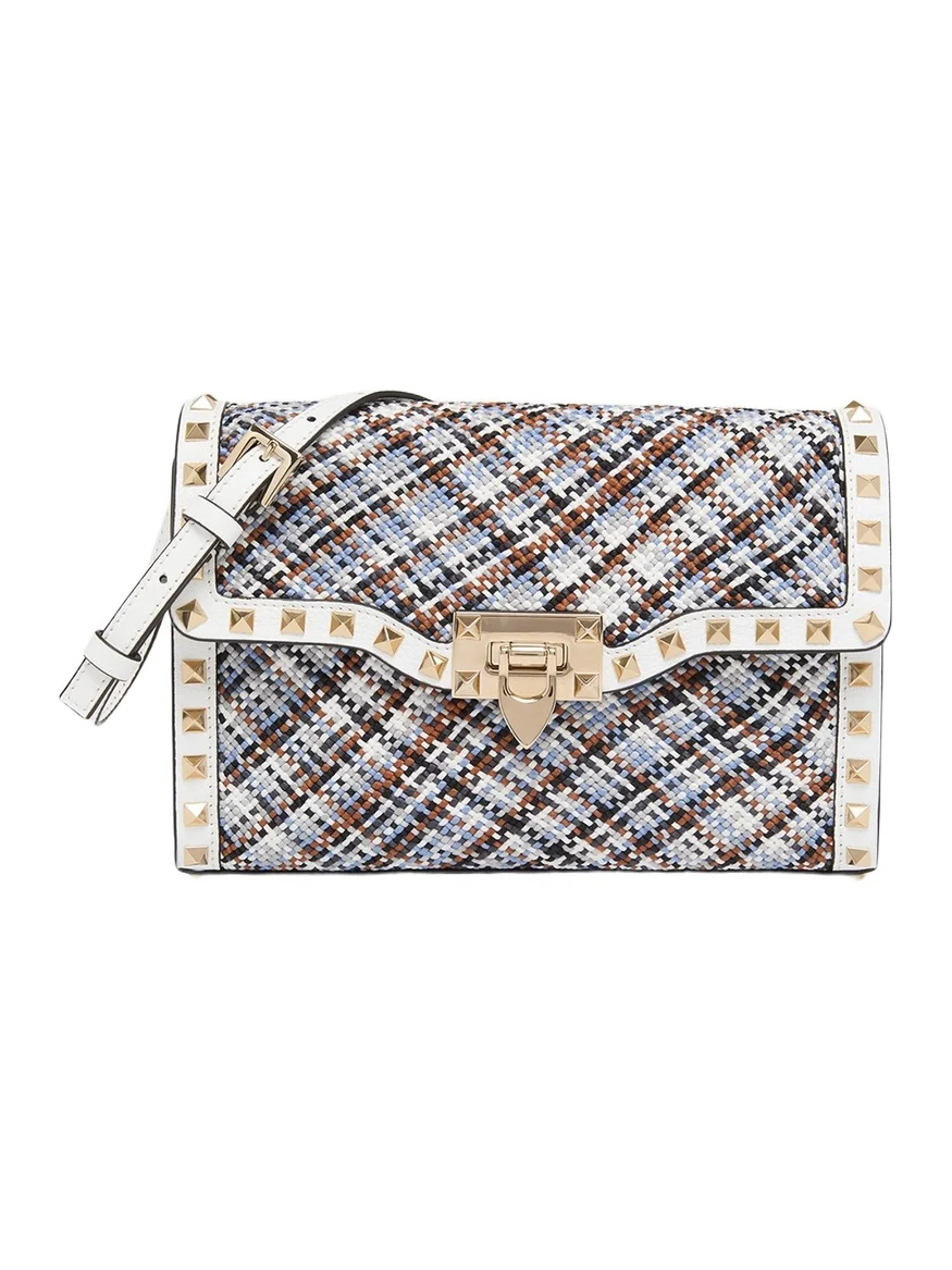Small Woven Leather-Trim Rockstud Crossbody Bag Small Woven Leather-Trim Rockstud Crossbody Bag