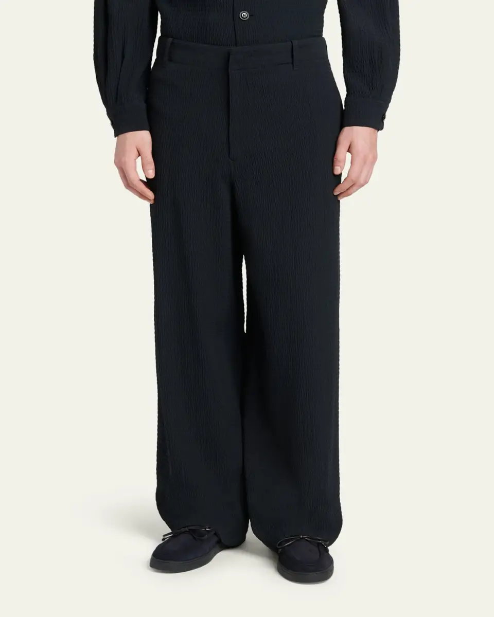 Giorgio Armani Men's Seersucker Wide-Leg Trousers | Thumbnail 4 Giorgio Armani Men's Seersucker Wide-Leg Trousers | Thumbnail 4