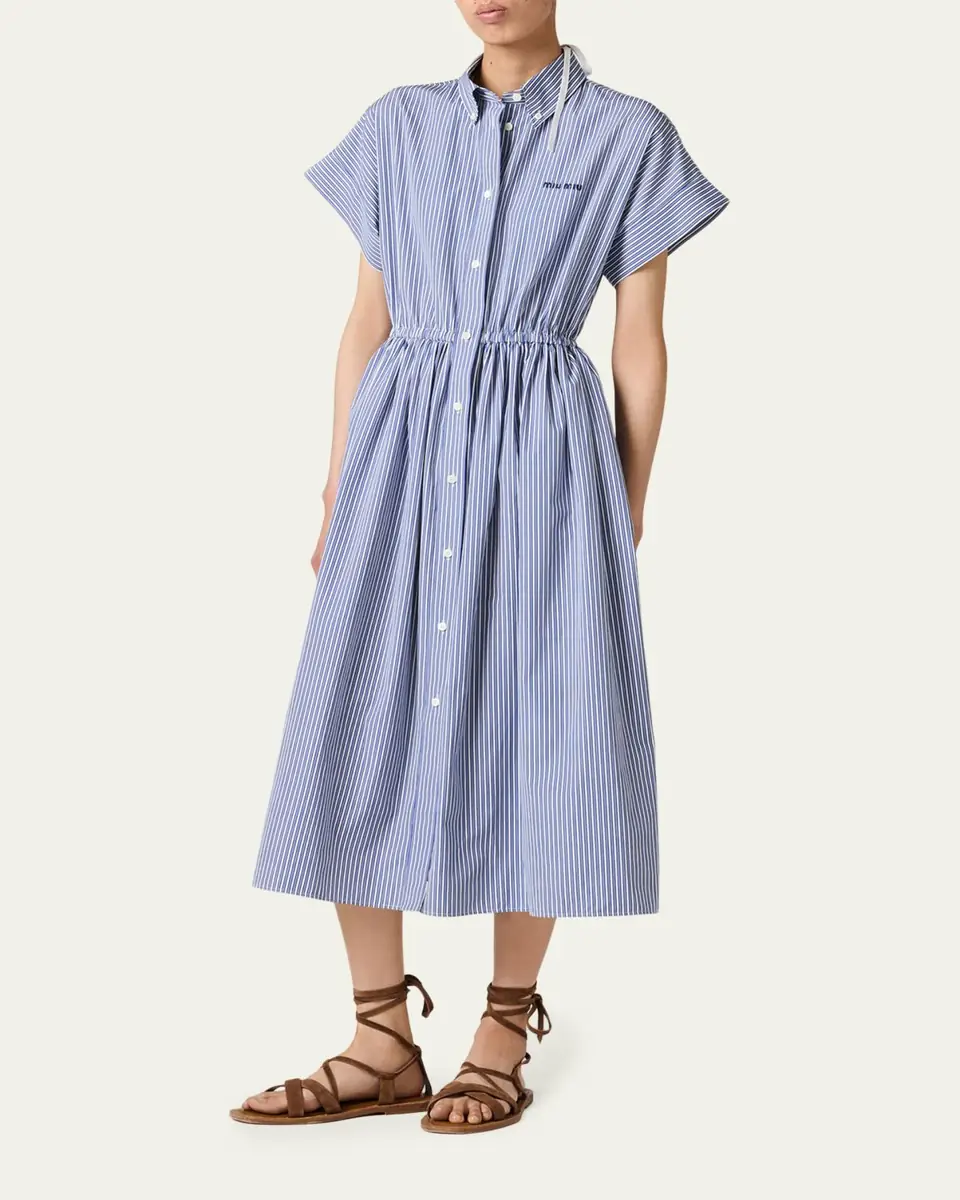 Miu Miu Short-Sleeve Striped Cotton Poplin Midi Shirtdress | Thumbnail 2 Miu Miu Short-Sleeve Striped Cotton Poplin Midi Shirtdress | Thumbnail 2