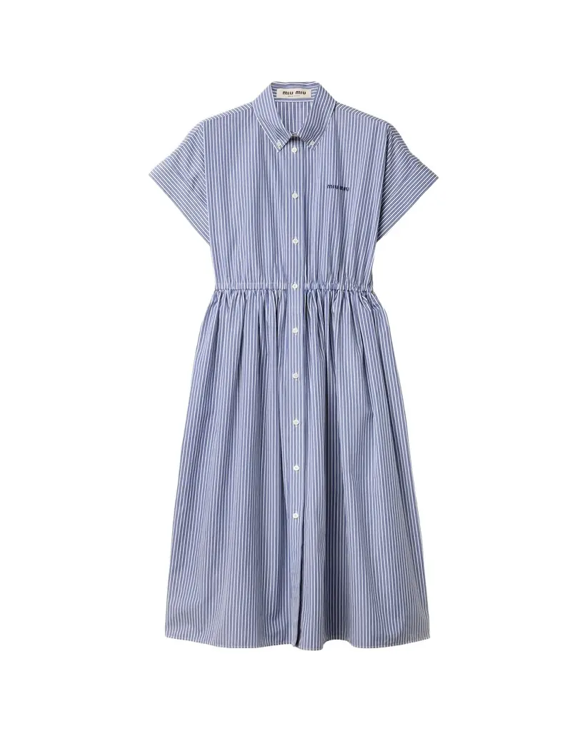 Miu Miu Short-Sleeve Striped Cotton Poplin Midi Shirtdress | Image 1 Miu Miu Short-Sleeve Striped Cotton Poplin Midi Shirtdress | Image 1