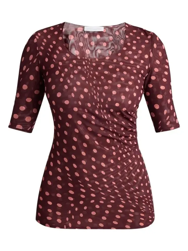 Polka Dot Mesh Elbow-Sleeve Top