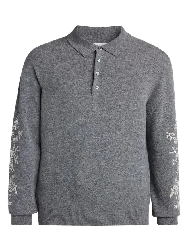 Men's Wool Floral-Embroidered Polo Sweater Men's Wool Floral-Embroidered Polo Sweater
