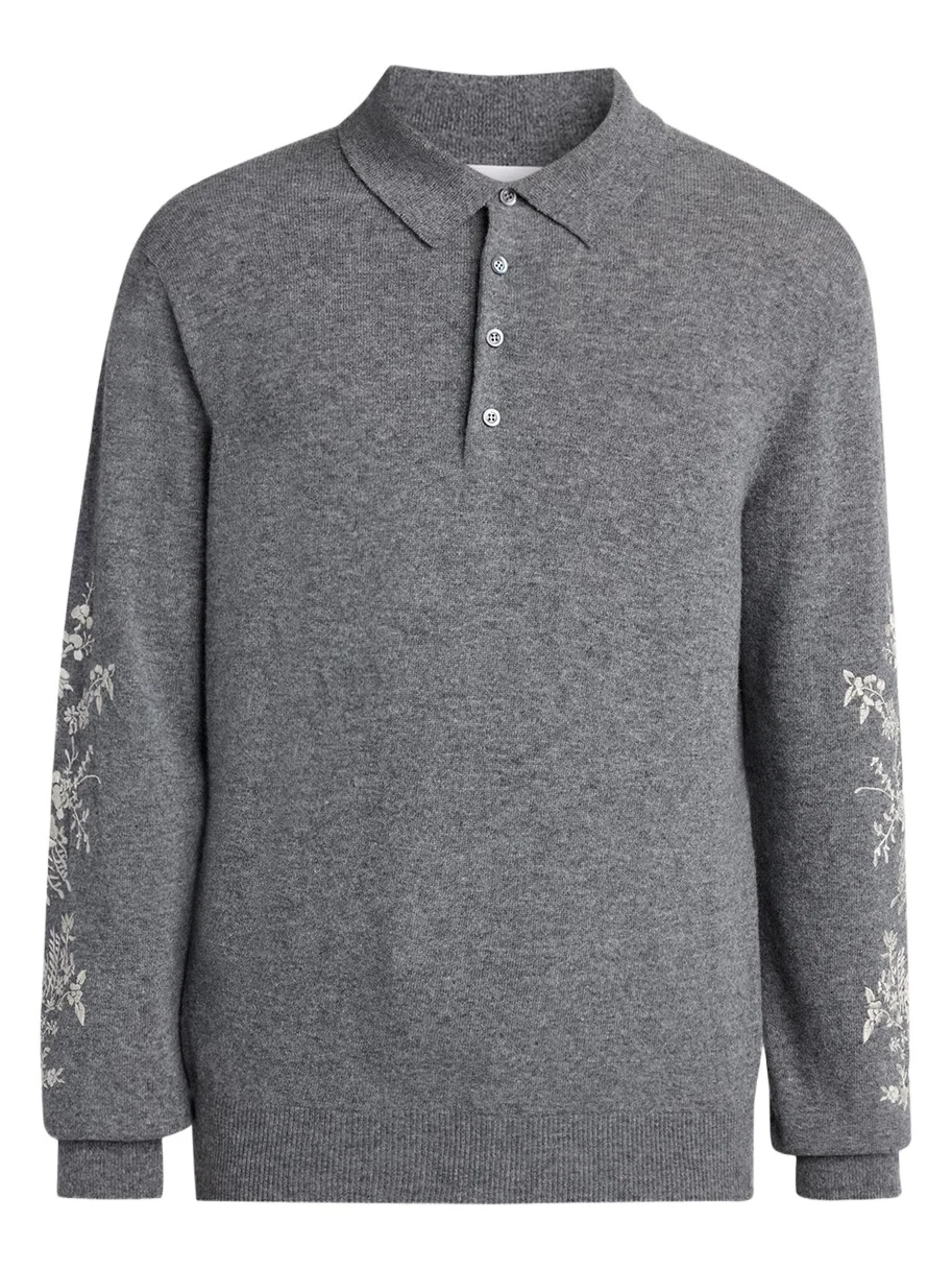 Men's Wool Floral-Embroidered Polo Sweater