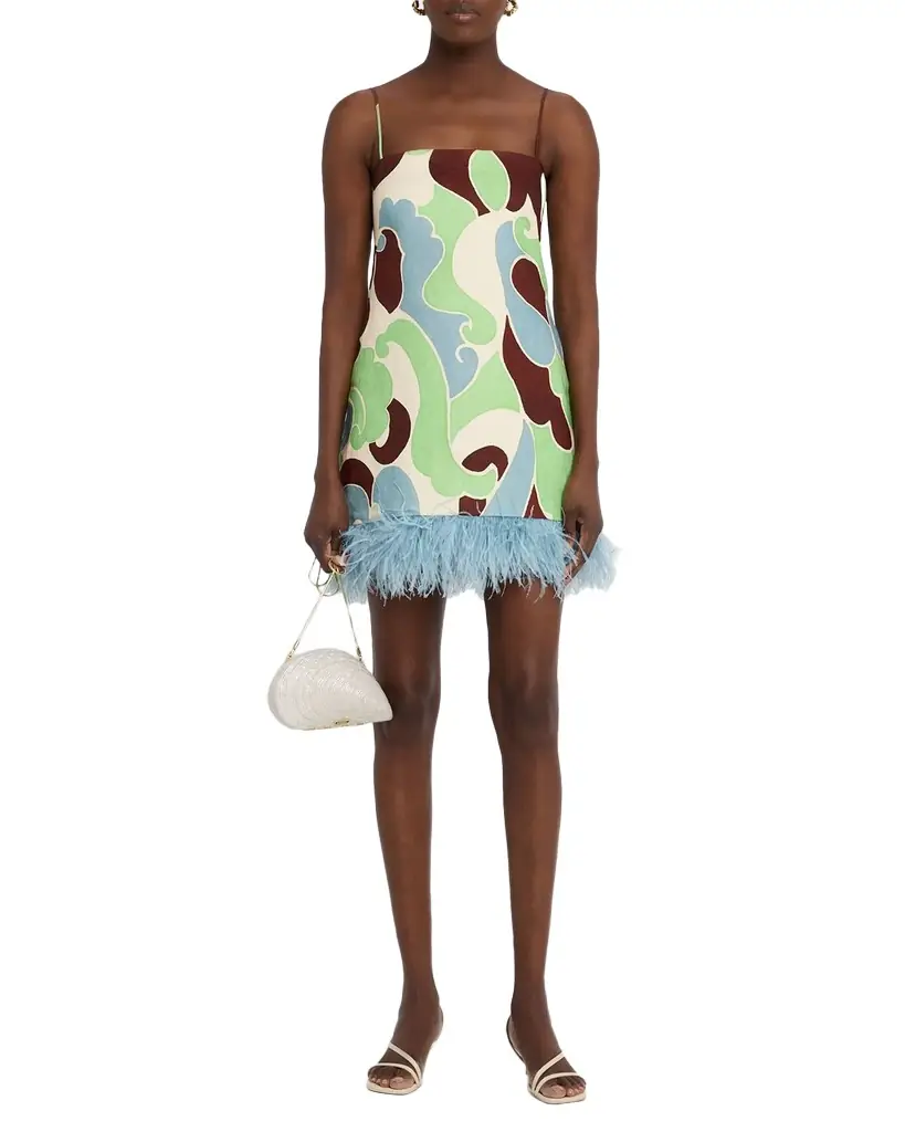 Cara Cara Valencia Printed Feather-Trim Mini Dress | Image 1 Cara Cara Valencia Printed Feather-Trim Mini Dress | Image 1