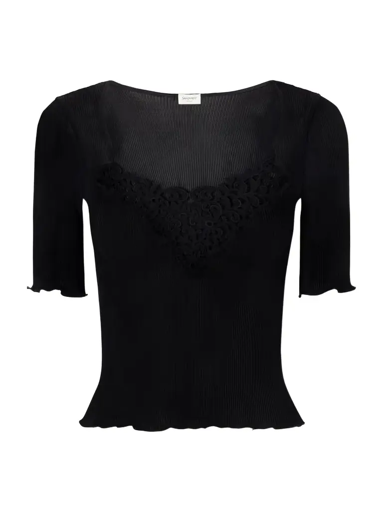 Saint Laurent Guipure Lace-trimmed Ribbed-silk T-shirt | Image 1 Saint Laurent Guipure Lace-trimmed Ribbed-silk T-shirt | Image 1