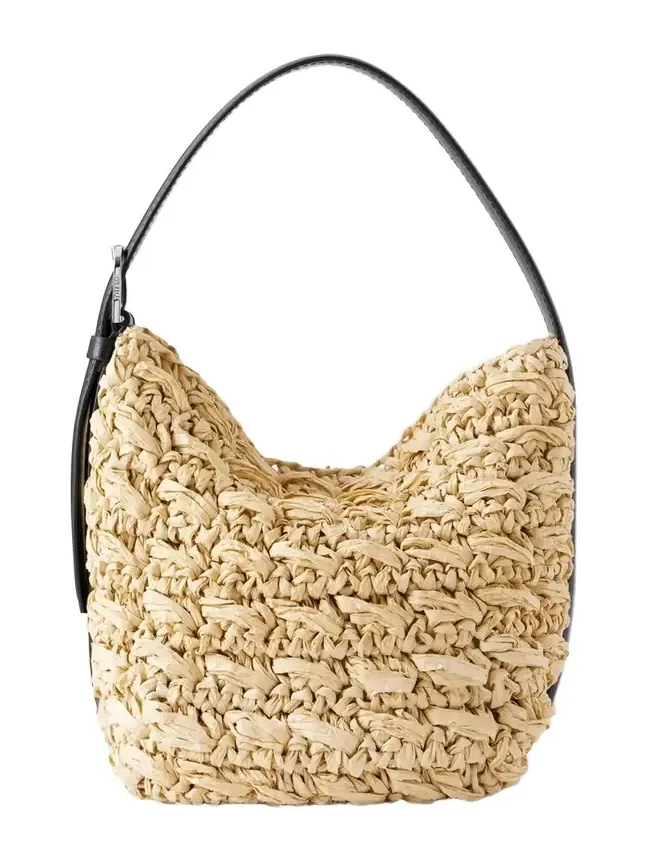 Belted Small Leather-trimmed Raffia Shoulder Bag