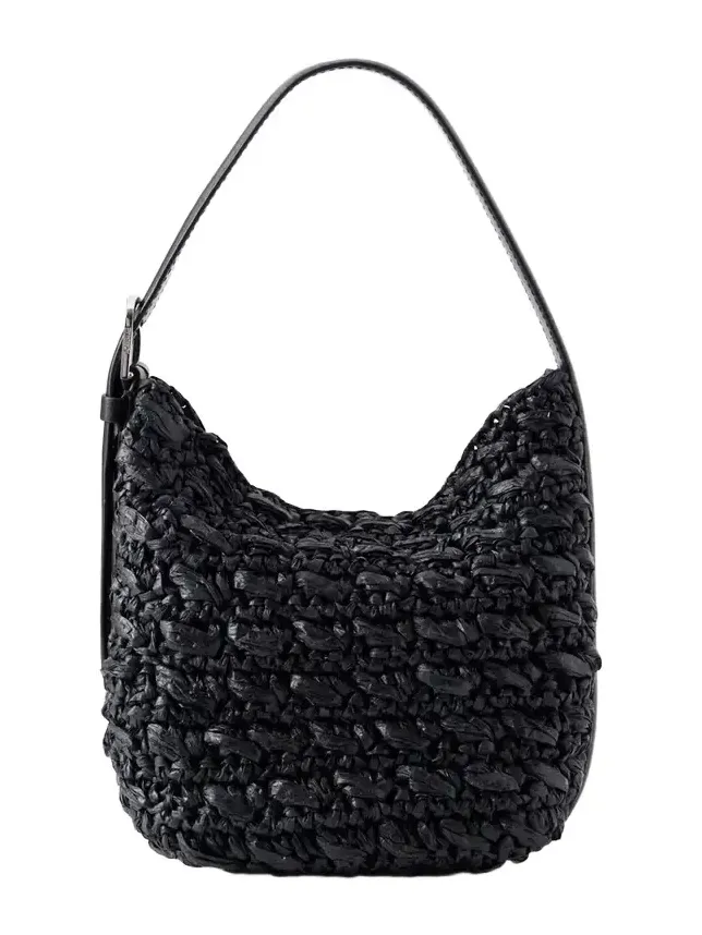 Belted Small Leather-trimmed Raffia Shoulder Bag