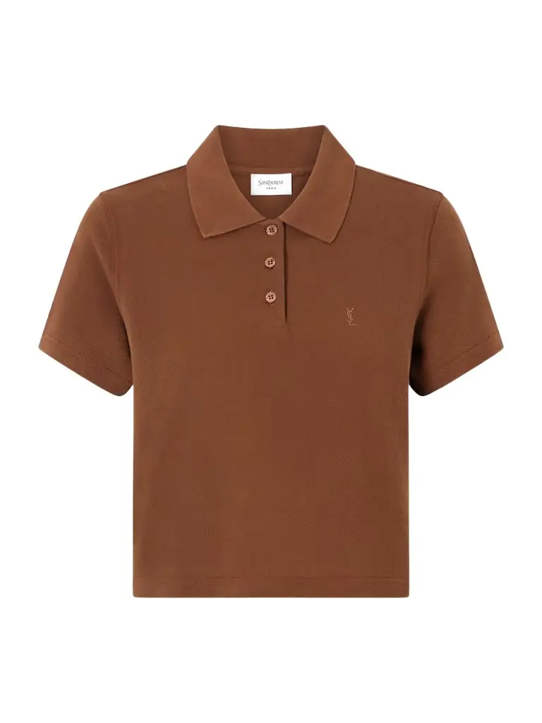 Saint Laurent Cassandre-embroidered Cropped Cotton-piqué Polo Shirt | Image 1 Saint Laurent Cassandre-embroidered Cropped Cotton-piqué Polo Shirt | Image 1