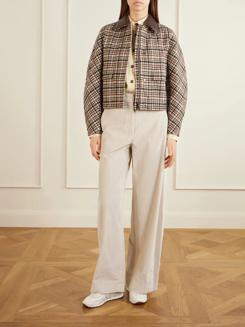 Brunello Cucinelli Checked Leather-trimmed Wool-blend Jacket | Thumbnail 2 Brunello Cucinelli Checked Leather-trimmed Wool-blend Jacket | Thumbnail 2