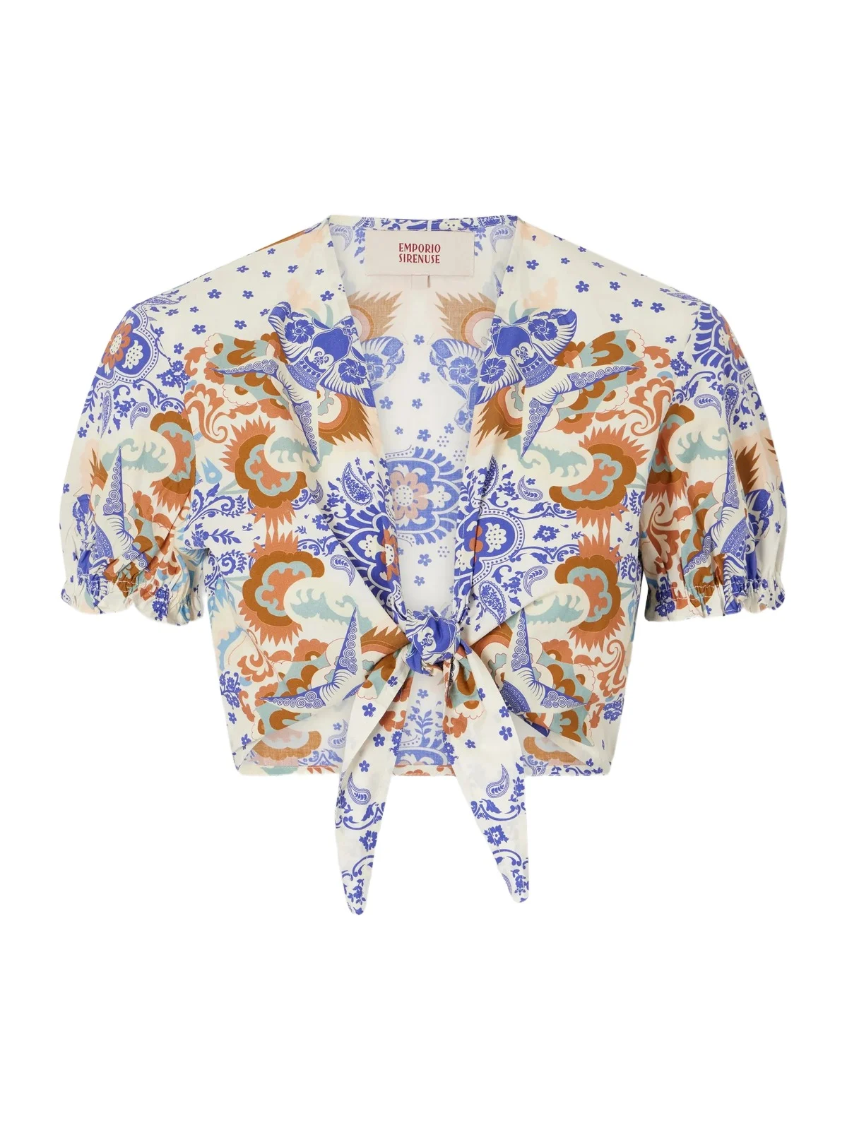 Emporio Sirenuse Poppy Knotted Printed Cotton-poplin Cropped Top