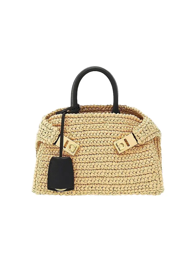 Ferragamo Women's Hug Mini Crochet Raffia Top Handle Bag - Cremino | Image 1 Ferragamo Women's Hug Mini Crochet Raffia Top Handle Bag - Cremino | Image 1