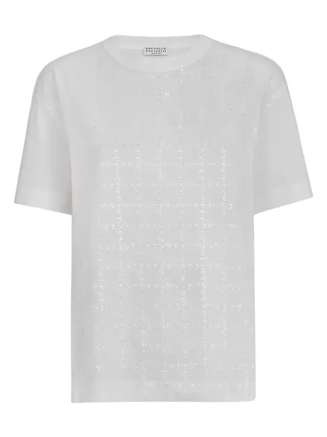 Women's Cotton Jersey T-Shirt with Dazzling Windowpane Embroidery Women's Cotton Jersey T-Shirt with Dazzling Windowpane Embroidery