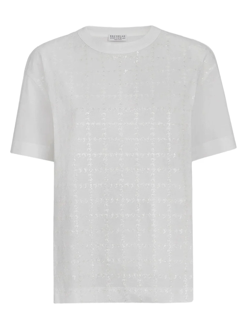 Women's Cotton Jersey T-Shirt with Dazzling Windowpane Embroidery Women's Cotton Jersey T-Shirt with Dazzling Windowpane Embroidery