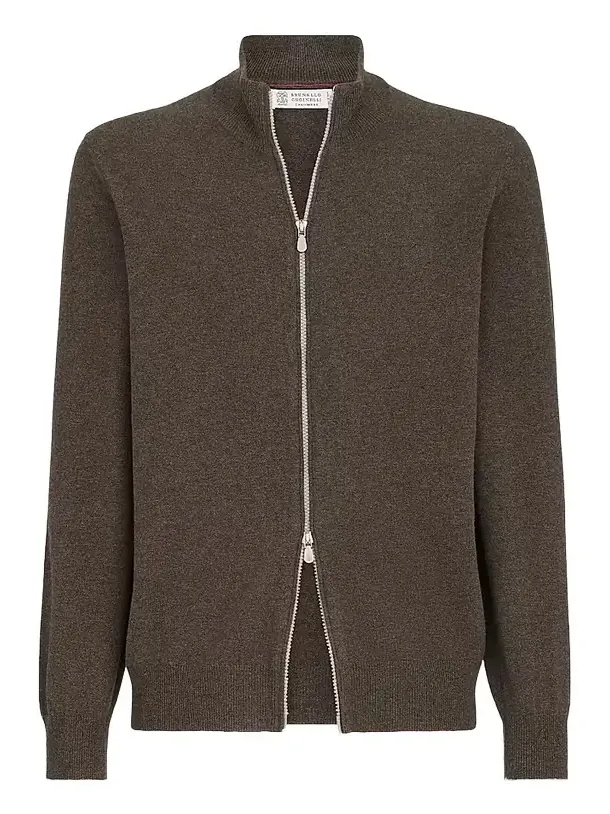 Men's Cashmere High-Neck Cardigan with Zipper - Brown
