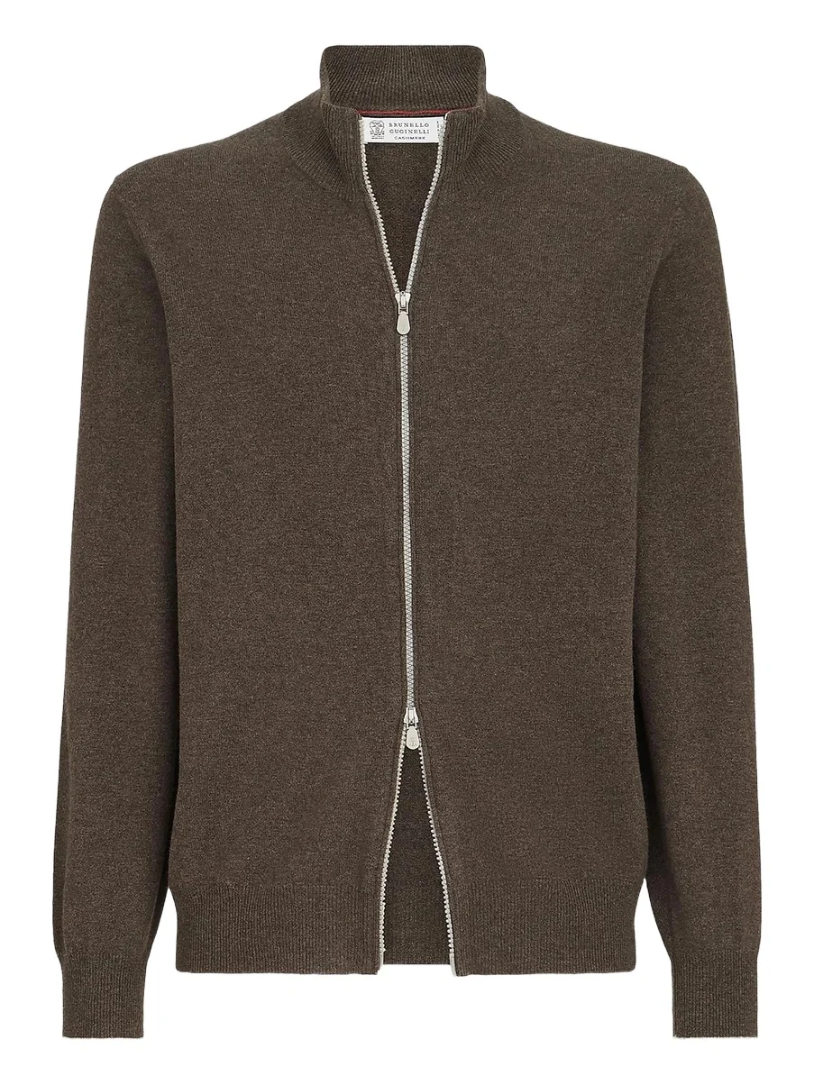 Brunello Cucinelli Men's Cashmere High-Neck Cardigan with Zipper - Brown