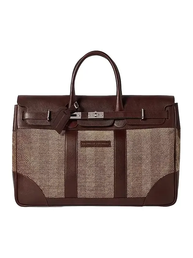Men's Burnished Calfskin and Chevron Effect Techno Fabric Country Bag