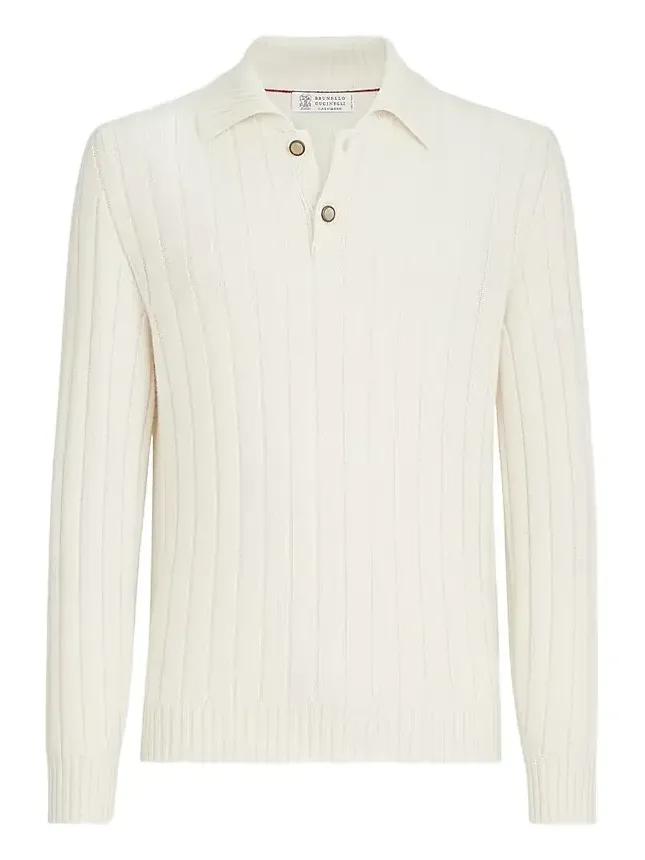 Men's Cashmere Ribbed Knit Polo Shirt