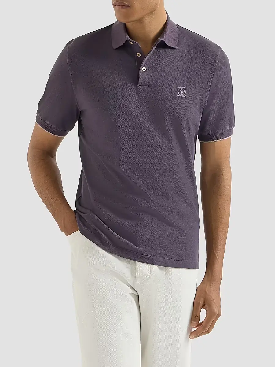 Brunello Cucinelli Men's Cotton Piqué Polo Shirt with Logo - Purple | Thumbnail 3