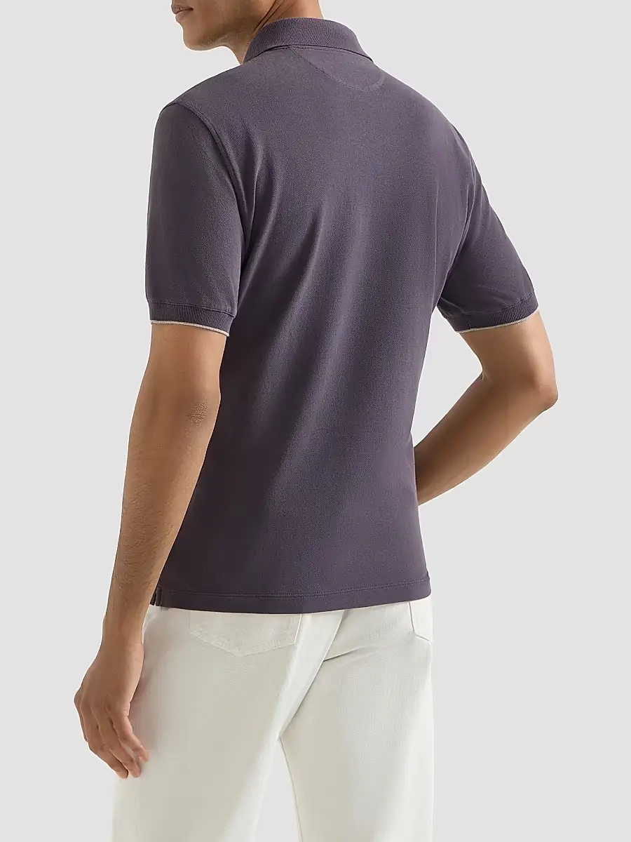 Brunello Cucinelli Men's Cotton Piqué Polo Shirt with Logo - Purple | Thumbnail 5