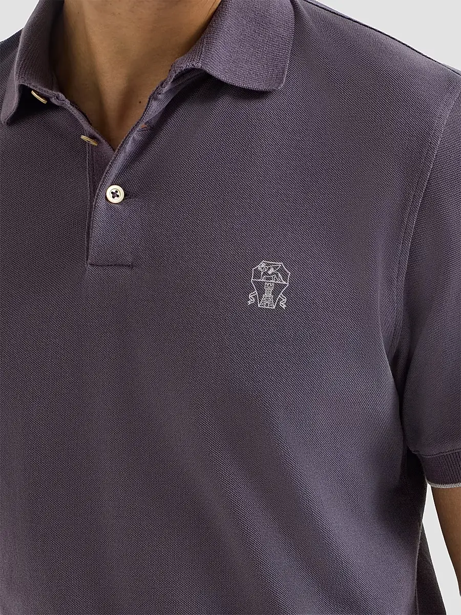 Brunello Cucinelli Men's Cotton Piqué Polo Shirt with Logo - Purple | Thumbnail 6