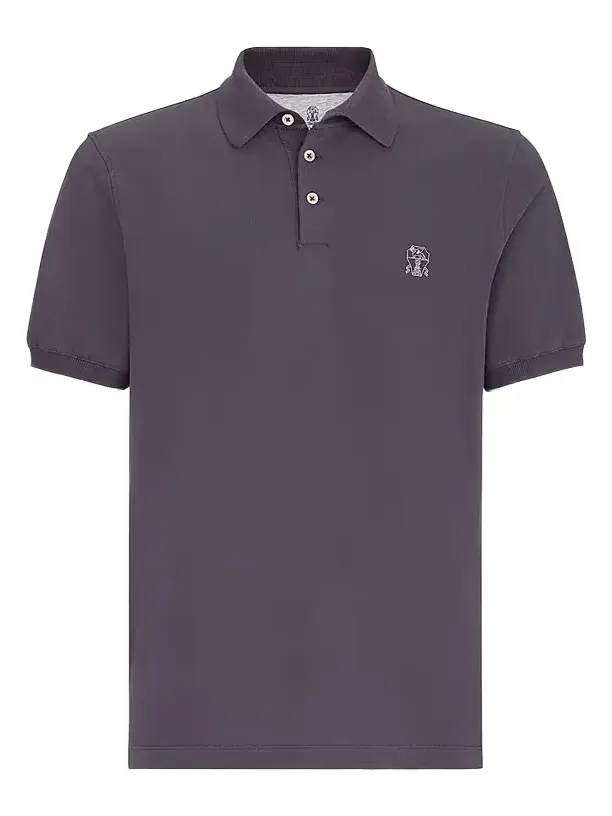 Brunello Cucinelli Men's Cotton Piqué Polo Shirt with Logo - Purple