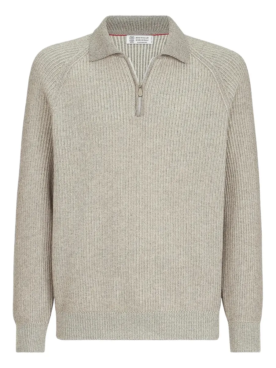 Brunello Cucinelli Men's Cashmere Vanisé English Rib Knit Polo with Half Zip - Grey
