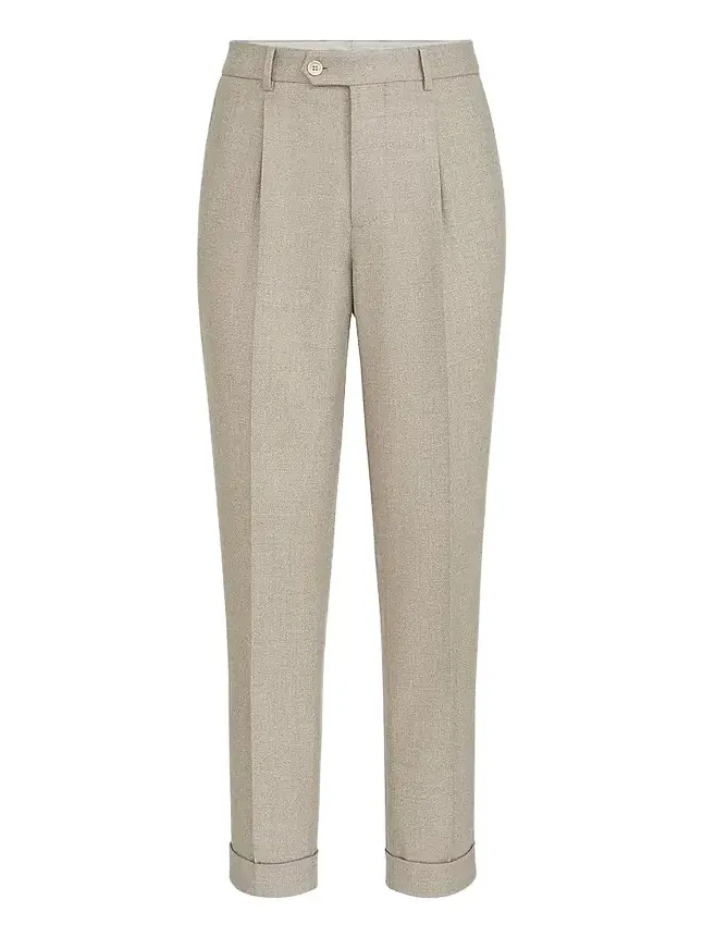 Men's Virgin Wool Mouliné Twill Trousers with Pleats - Beige Men's Virgin Wool Mouliné Twill Trousers with Pleats - Beige