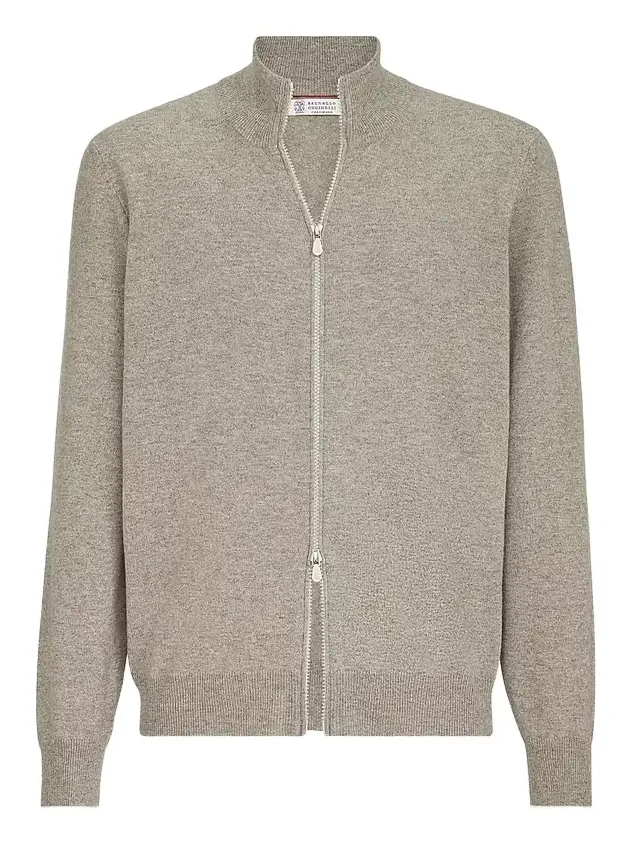 Brunello Cucinelli Men's Cashmere High-Neck Cardigan with Zipper - Beige