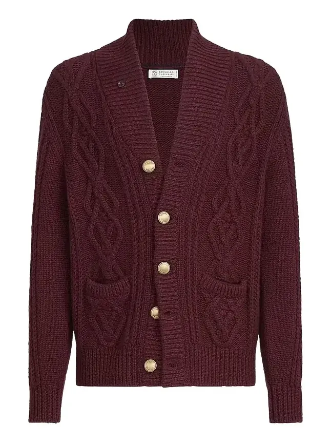 Brunello Cucinelli Men's Cashmere Feather Yarn Cable Knit Cardigan