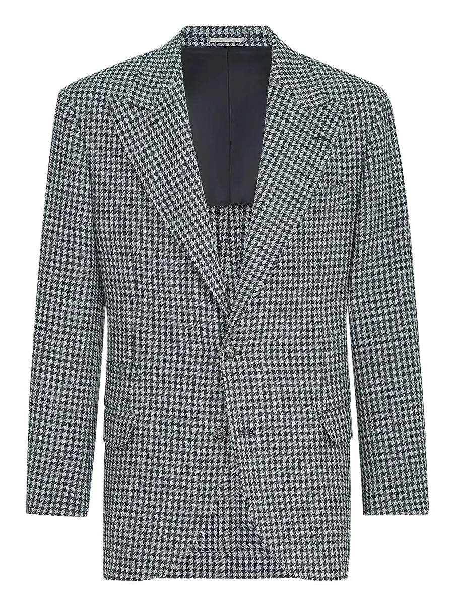 Men's Cashmere Macro Houndstooth Tailor Blazer with Peak Lapels - Navy Blue Men's Cashmere Macro Houndstooth Tailor Blazer with Peak Lapels - Navy Blue