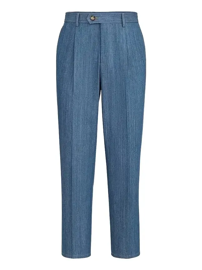 Brunello Cucinelli Men's Lightweight Denim Trousers with Double Pleats - Medium Denim