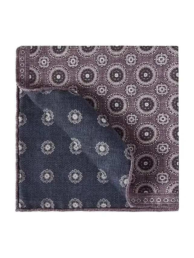 Men's Silk Pocket Square with Medallion Design - Blueberry Men's Silk Pocket Square with Medallion Design - Blueberry