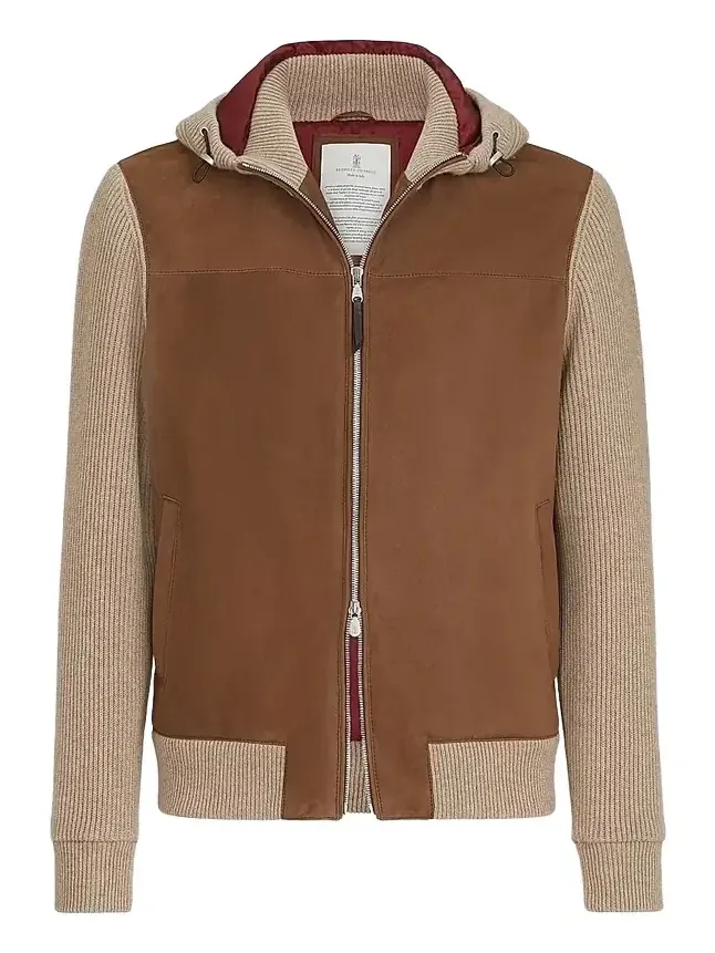 Men's Suede and Cashmere Knit Hooded Bomber Jacket Men's Suede and Cashmere Knit Hooded Bomber Jacket