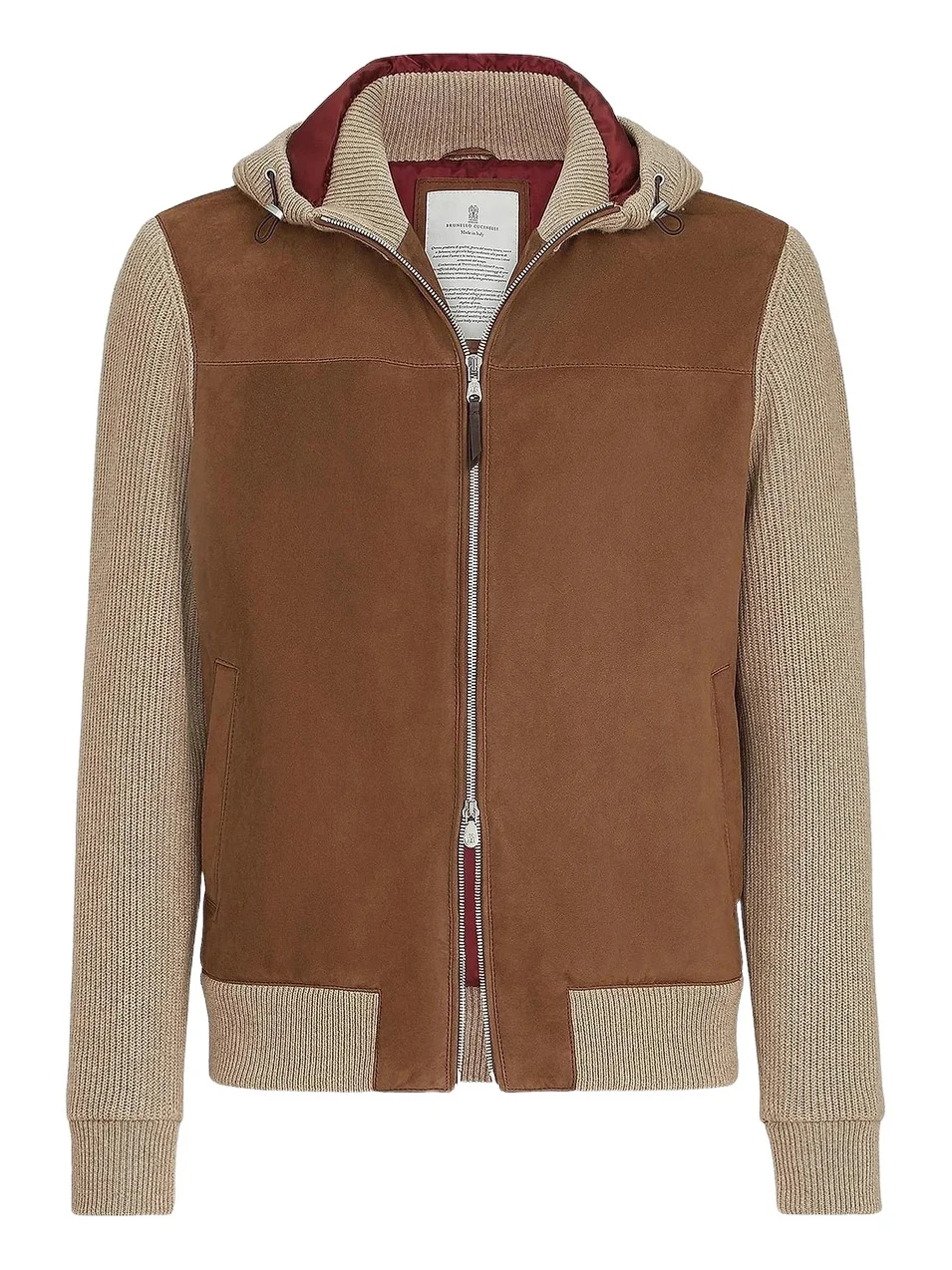 Men's Suede and Cashmere Knit Hooded Bomber Jacket