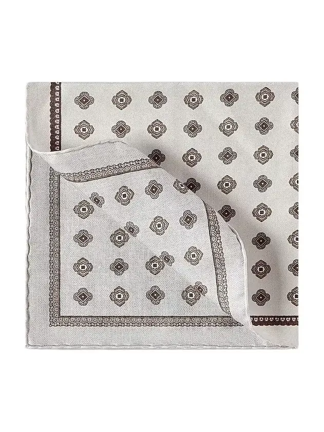 Men's Silk Pocket Square with Medallion Design - Beige