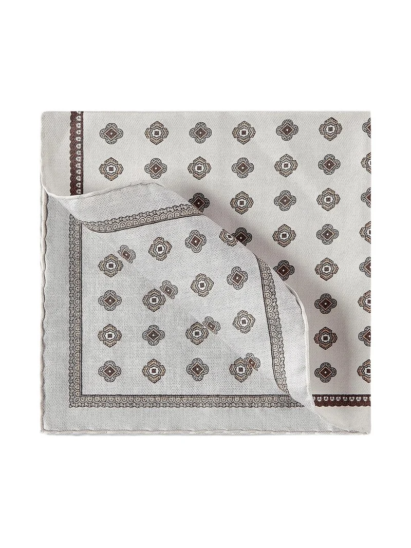Men's Silk Pocket Square with Medallion Design - Beige Men's Silk Pocket Square with Medallion Design - Beige