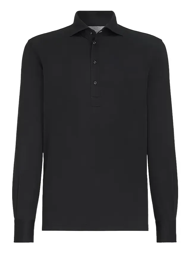 Men's Silk and Cotton Lightweight Jersey Long Sleeve Polo Shirt