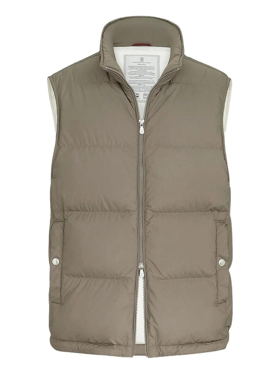 Men's Lightweight Techno Fabric Down Vest with Packable Hood - Military Men's Lightweight Techno Fabric Down Vest with Packable Hood - Military