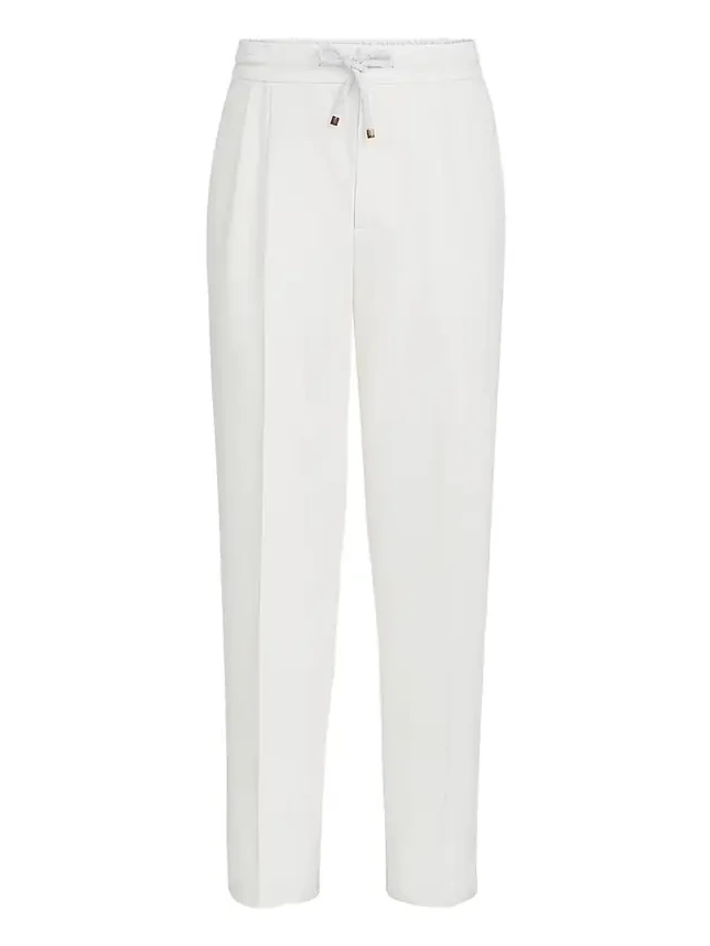 Men's Cotton Gabardine Trousers with Drawstring and Double Pleats - Snow Men's Cotton Gabardine Trousers with Drawstring and Double Pleats - Snow